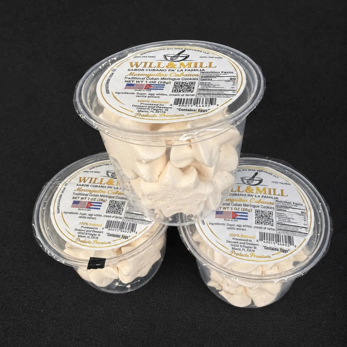 Merenguitos cubanos Will & Mill en vasos etiquetados para venta B2B en Miami